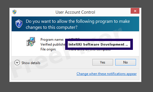Screenshot where Intel(R) Software Development Products appears as the verified publisher in the UAC dialog